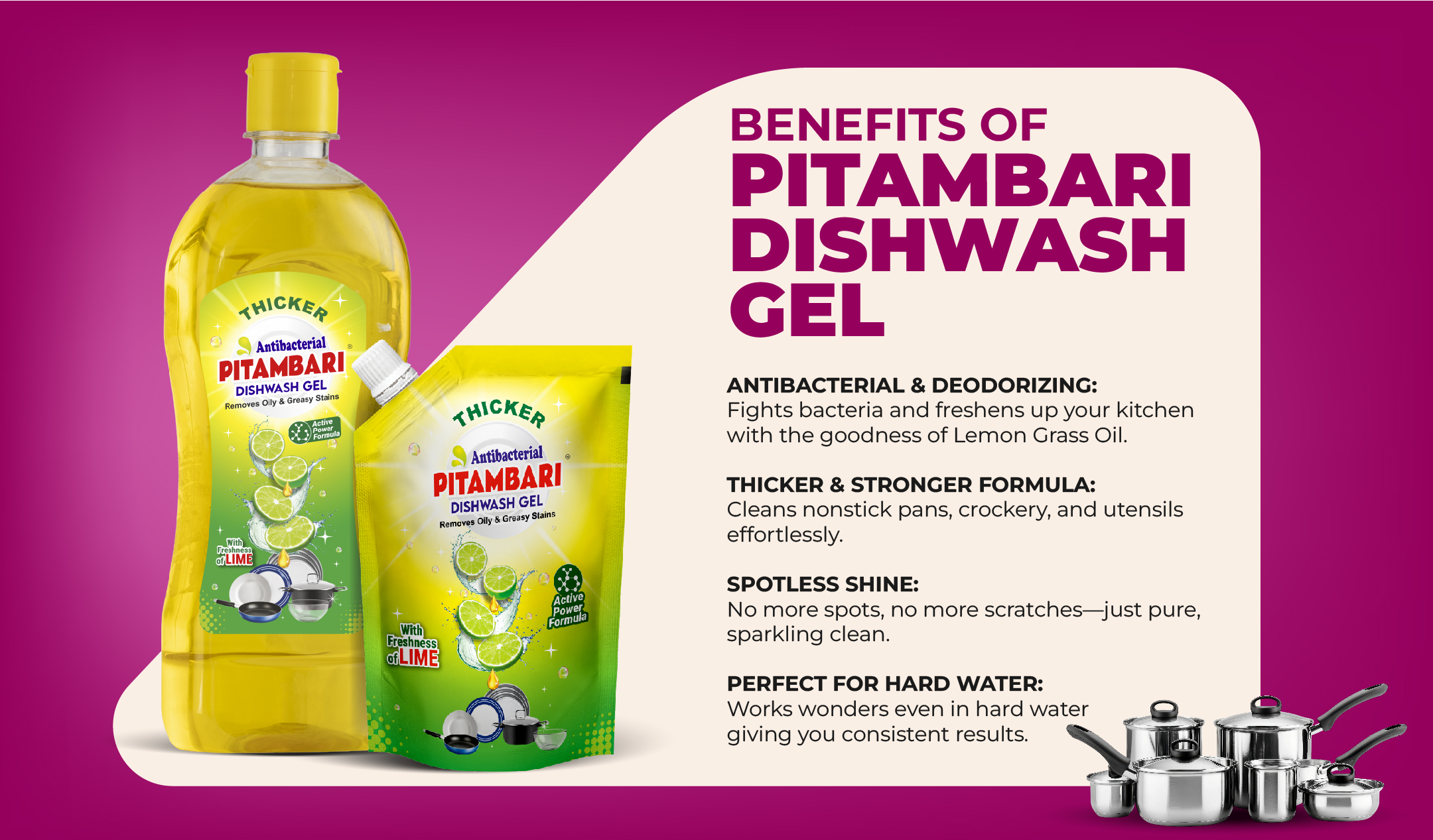 Pitambari Dishwash Gel 500ml and 900ml pack sizes
